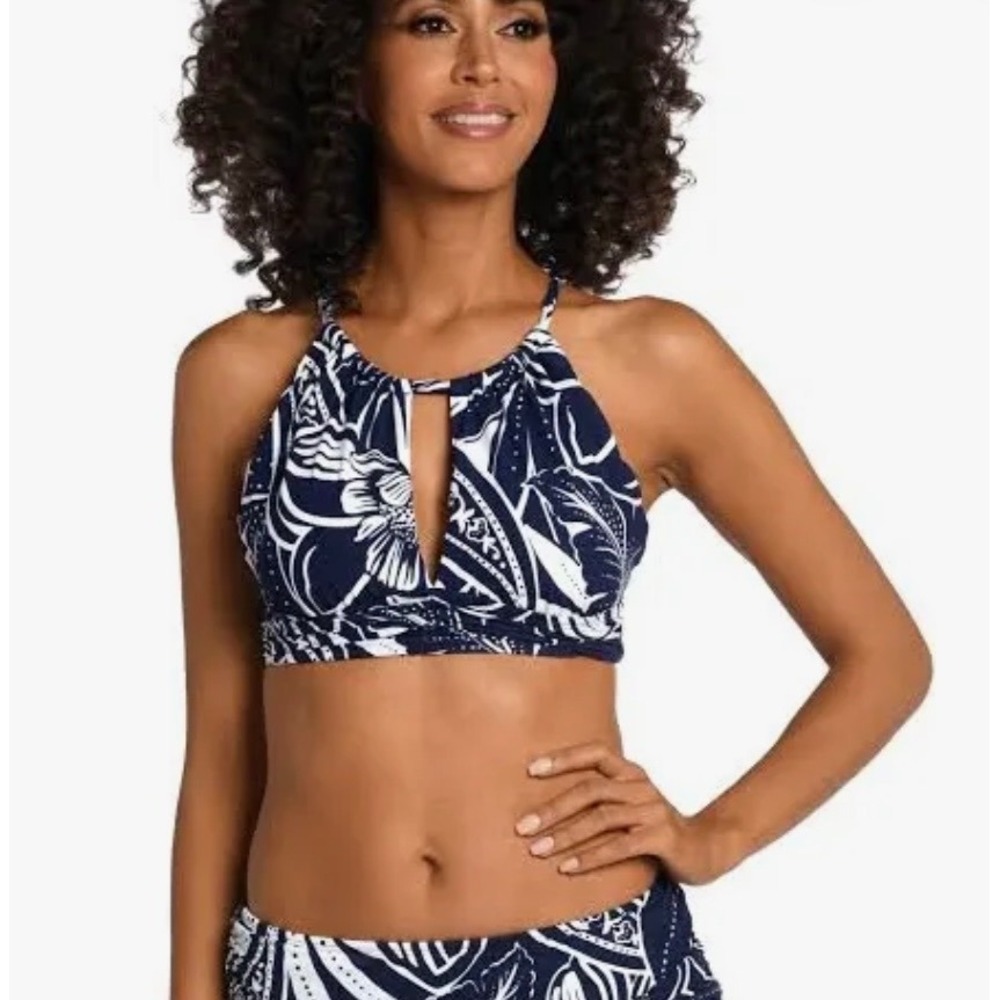 La Blanca Navy White Floral High Neck Keyhole Bikini Top LB3ZJ88 NWT